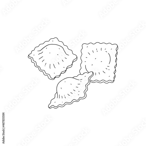 Handmade ravioli dumplings, hand drawn black line vector illustration isolated.