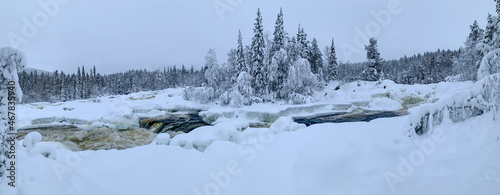 Polar night panorama of river near snow-covered island with high fir trees 
