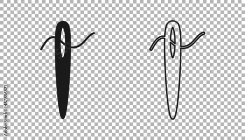 Black Needle for sewing with thread icon isolated on transparent background. Tailor symbol. Textile sew up craft sign. Embroidery tool. Vector