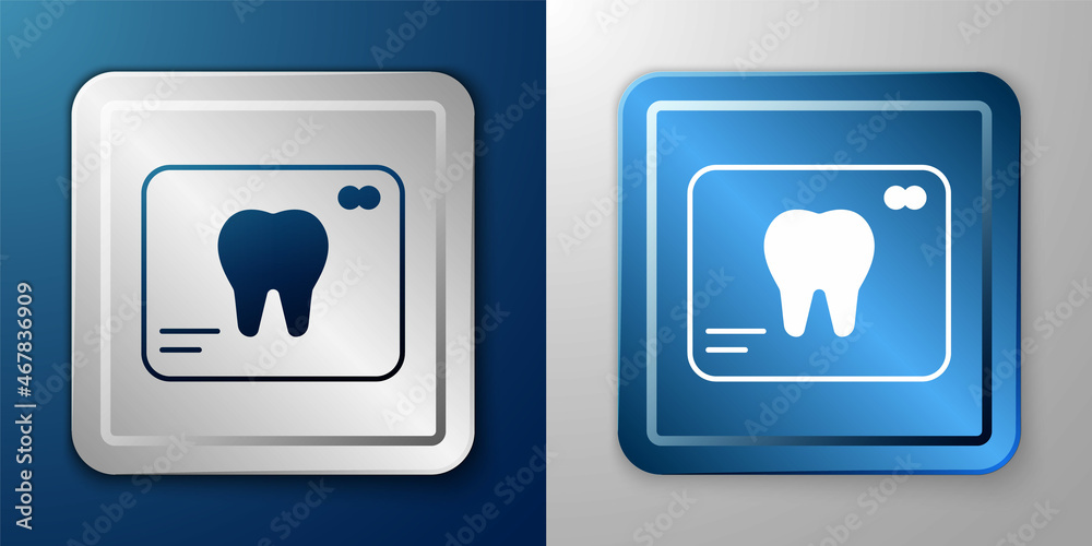 White X-ray of tooth icon isolated on blue and grey background. Dental x-ray. Radiology image. Silver and blue square button. Vector White X-ray of tooth icon isolated on blue and grey background. Dental x-ray. Radiology image. Silver and blue square button. Vector