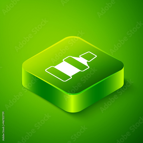 Isometric Mouthwash plastic bottle icon isolated on green background. Liquid for rinsing mouth. Oralcare equipment. Green square button. Vector