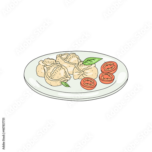 Manty, dumplings on plate with sliced tomato, greens in sketch vector
