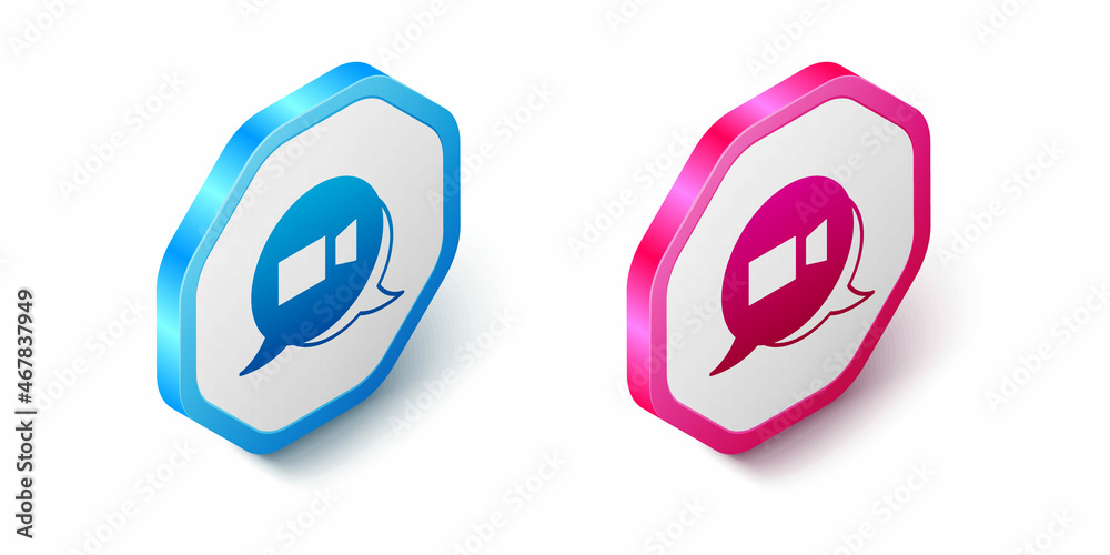 Isometric Video chat conference icon isolated on white background. Online meeting work form home. Remote project management. Hexagon button. Vector Isometric Video chat conference icon isolated on white background. Online meeting work form home. Remote project management. Hexagon button. Vector