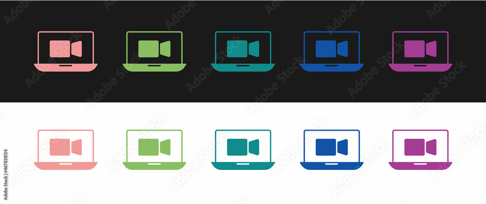 Set Video chat conference icon isolated on black and white background. Online meeting work form home. Remote project management. Vector