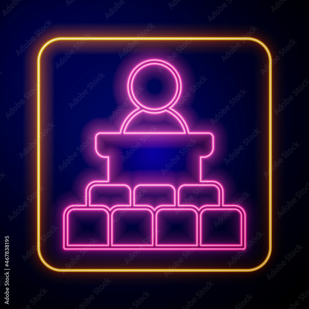 Glowing neon Speaker icon isolated on black background. Orator speaking from tribune. Public speech. Person on podium. Vector Glowing neon Speaker icon isolated on black background. Orator speaking from tribune. Public speech. Person on podium. Vector