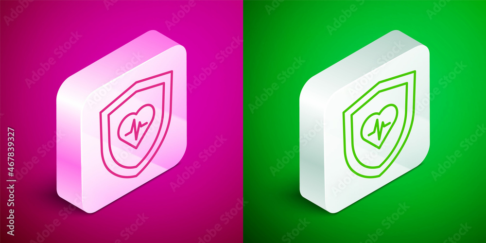 Isometric line Life insurance with shield icon isolated on pink and green background. Security, safety, protection, protect concept. Silver square button. Vector Isometric line Life insurance with shield icon isolated on pink and green background. Security, safety, protection, protect concept. Silver square button. Vector