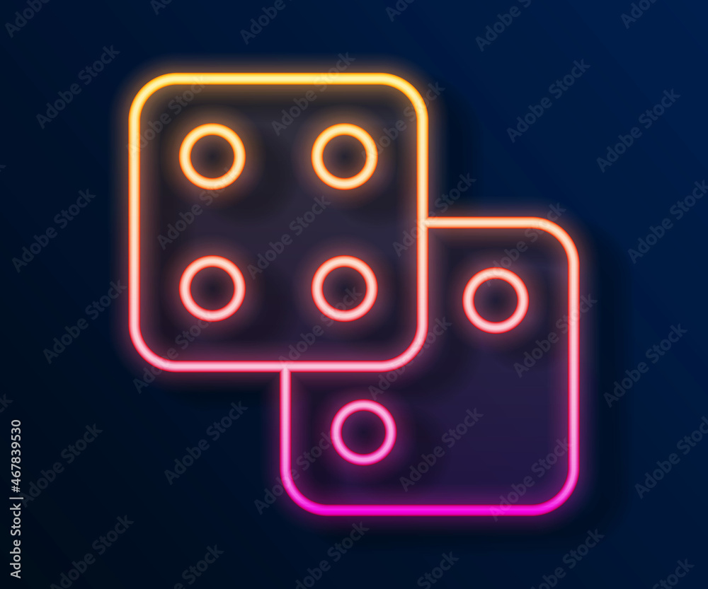 Glowing neon line Game dice icon isolated on black background. Casino gambling. Vector Glowing neon line Game dice icon isolated on black background. Casino gambling. Vector