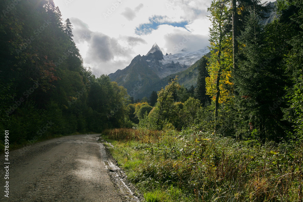 View of a mountain valley in the Caucasus Mountains, Dombay, Russia.