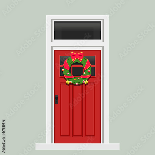 Christmas concept illustration .vector illustration of red door with christmas decorative wreath hanging on it