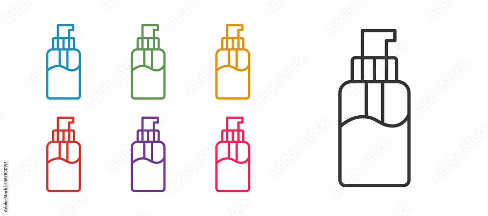 Set line Bottle of liquid antibacterial soap with dispenser icon isolated on white background. Disinfection, hygiene, skin care concept. Set icons colorful. Vector Set line Bottle of liquid antibacterial soap with dispenser icon isolated on white background. Disinfection, hygiene, skin care concept. Set icons colorful. Vector