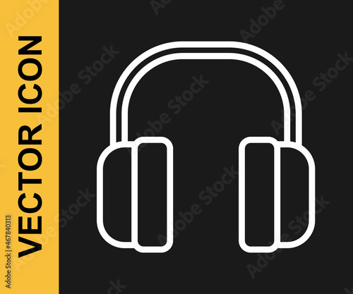 White line Noise canceling headphones icon isolated on black background. Headphones for ear protection from noise. Vector
