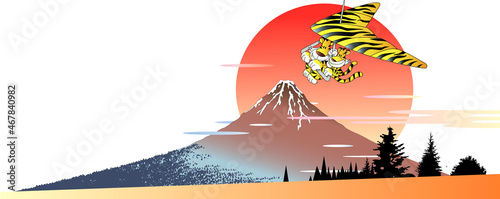 浮世絵の富士山をバックに飛ぶ虎のハングライダー photo