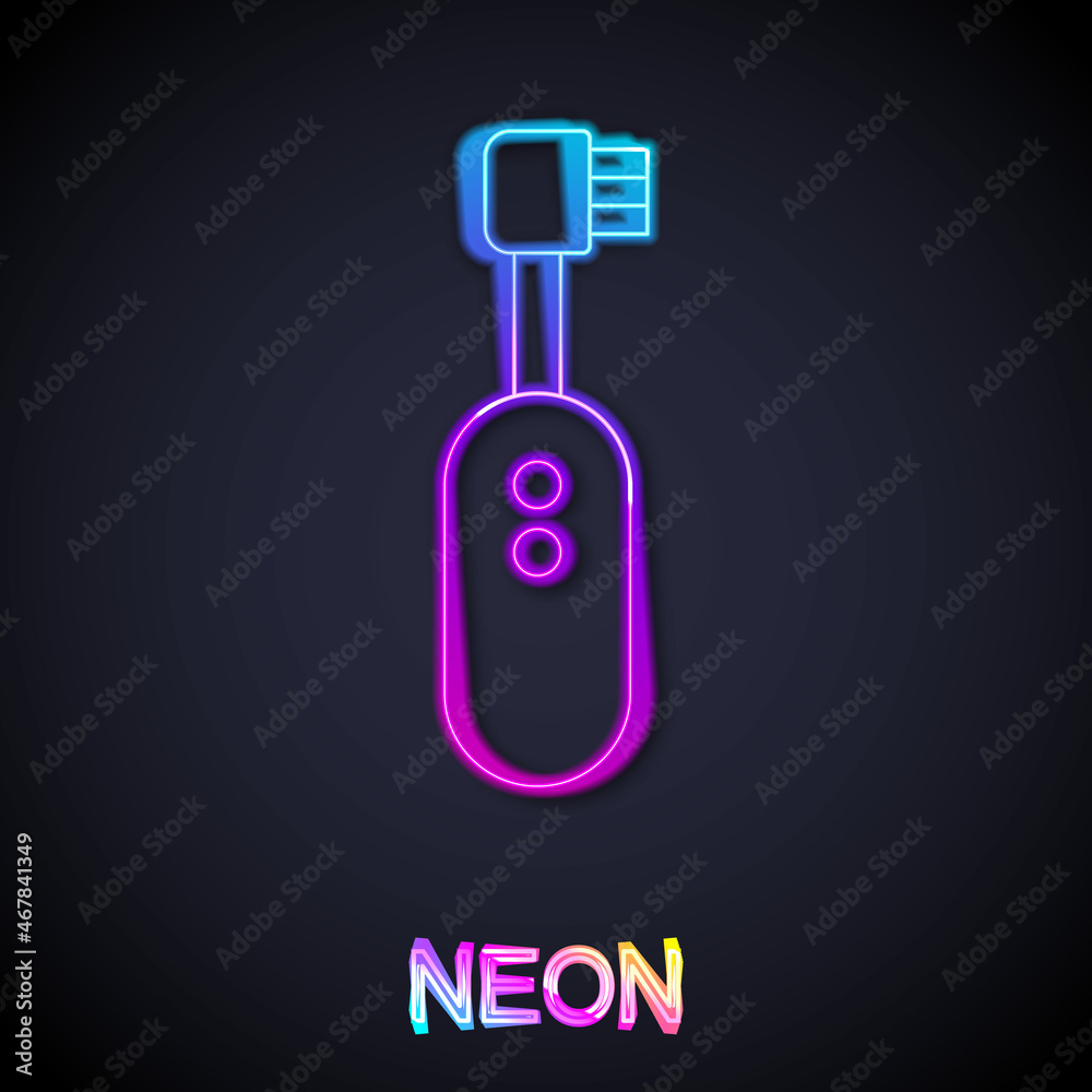 Glowing neon line Electric toothbrush icon isolated on black background. Vector