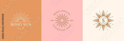 Boho Sun Logo Set in Minimal Liner Trendy Style. Vector Set Bohemian Badges for Creative Studio, Photography, Jewelry,