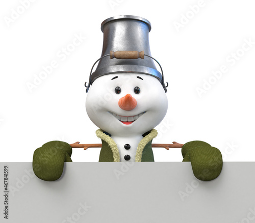 3d illustration A snowman with a guitar and bucket on his head