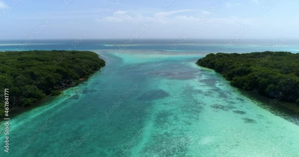 Forward Flight Over Light Blue Turquoise Water Passing Through Canal Mangrove. Forward Flight Over Light Blue Turquoise Water Passing Through Canal Mangrove.