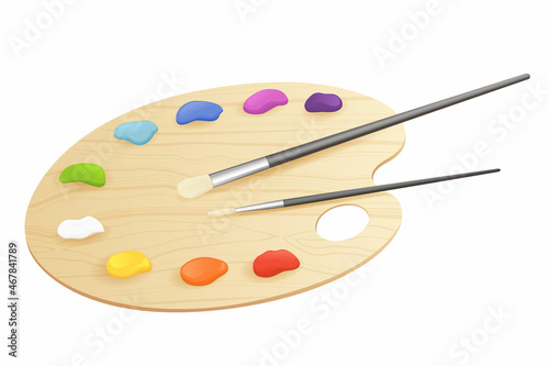 Art palette with paints and brushes isolated on white.