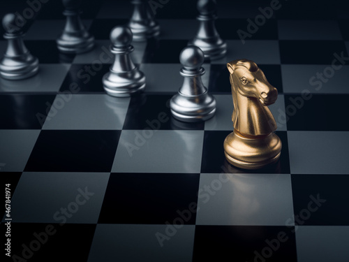 The golden horse, the knight chess piece, leads the silver pawn chess pieces on dark chessboard with copy space. Leadership, influencer, follower, team, commander, and business strategy concept.