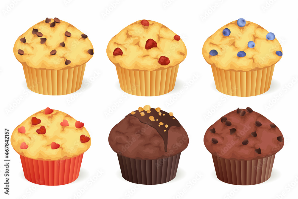Set of muffins with different toppings. Vector illustration.