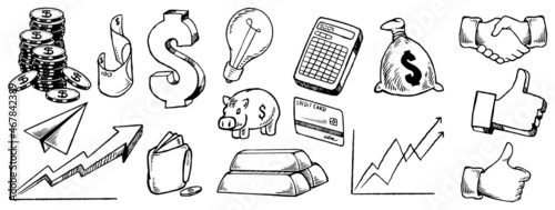 Hand drawn saving money set. Finance, payments, banks, cash. Doodle icon concept of a component that is geared towards success of business, financial or in your life. Vector illustrations