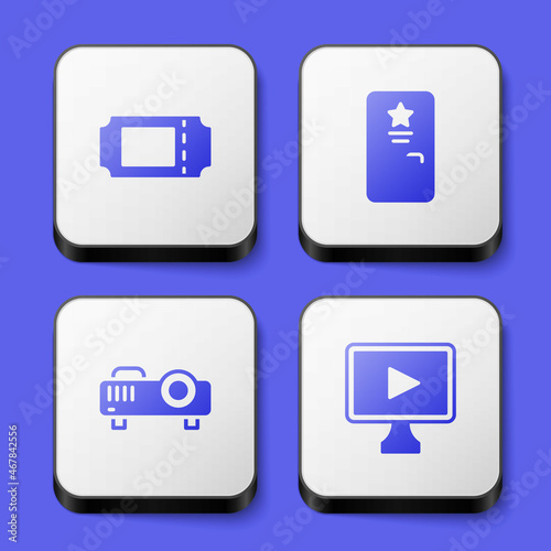 Set Cinema ticket, Backstage, Movie, film, media projector and Online play video icon. White square button. Vector © Iryna