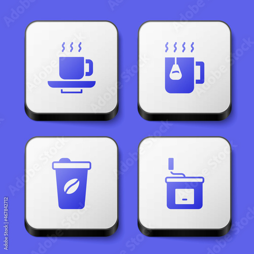 Set Coffee cup, Cup tea with bag, to go and Manual coffee grinder icon. White square button. Vector
