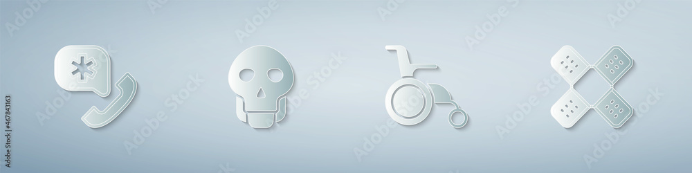 Set Emergency call 911, Skull, Wheelchair for disabled person and Crossed bandage plaster. Paper art style. Vector Set Emergency call 911, Skull, Wheelchair for disabled person and Crossed bandage plaster. Paper art style. Vector