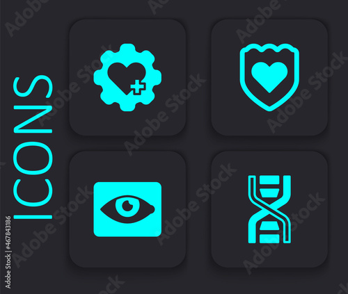 Set DNA symbol, Heart with cross, Immune system and Red eye effect icon. Black square button. Vector