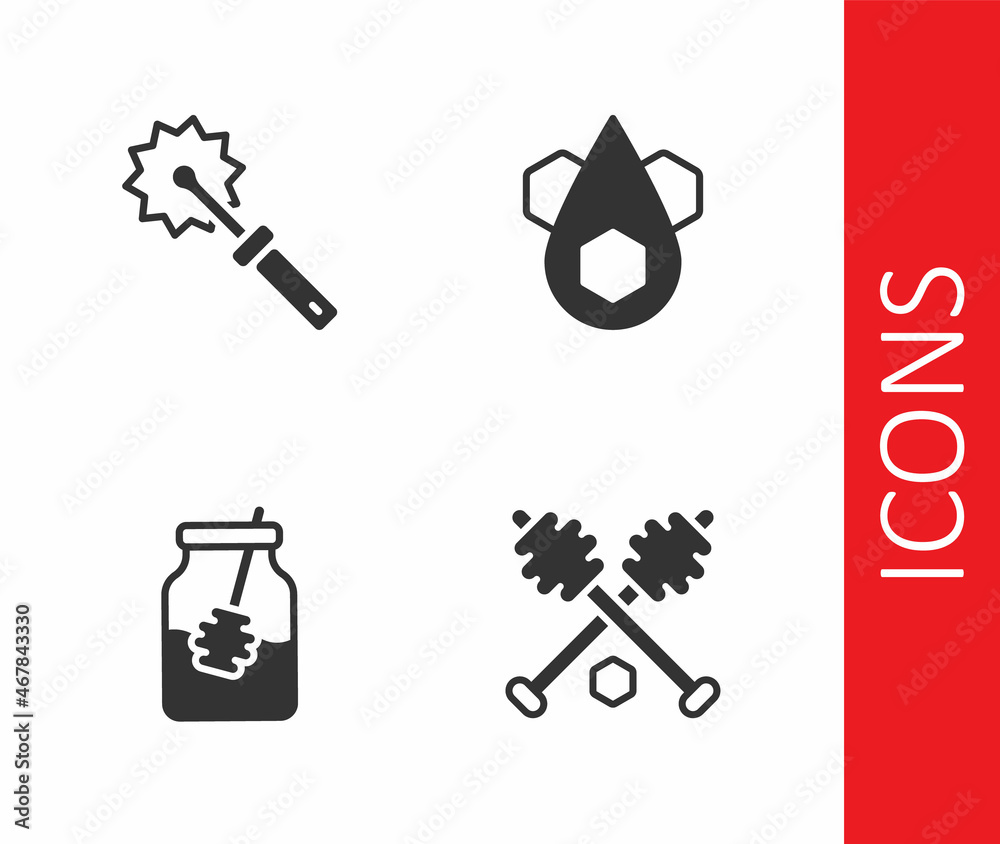 Set Honey dipper stick, Cutter roll for honey, Jar of and and Honeycomb icon. Vector Set Honey dipper stick, Cutter roll for honey, Jar of and and Honeycomb icon. Vector
