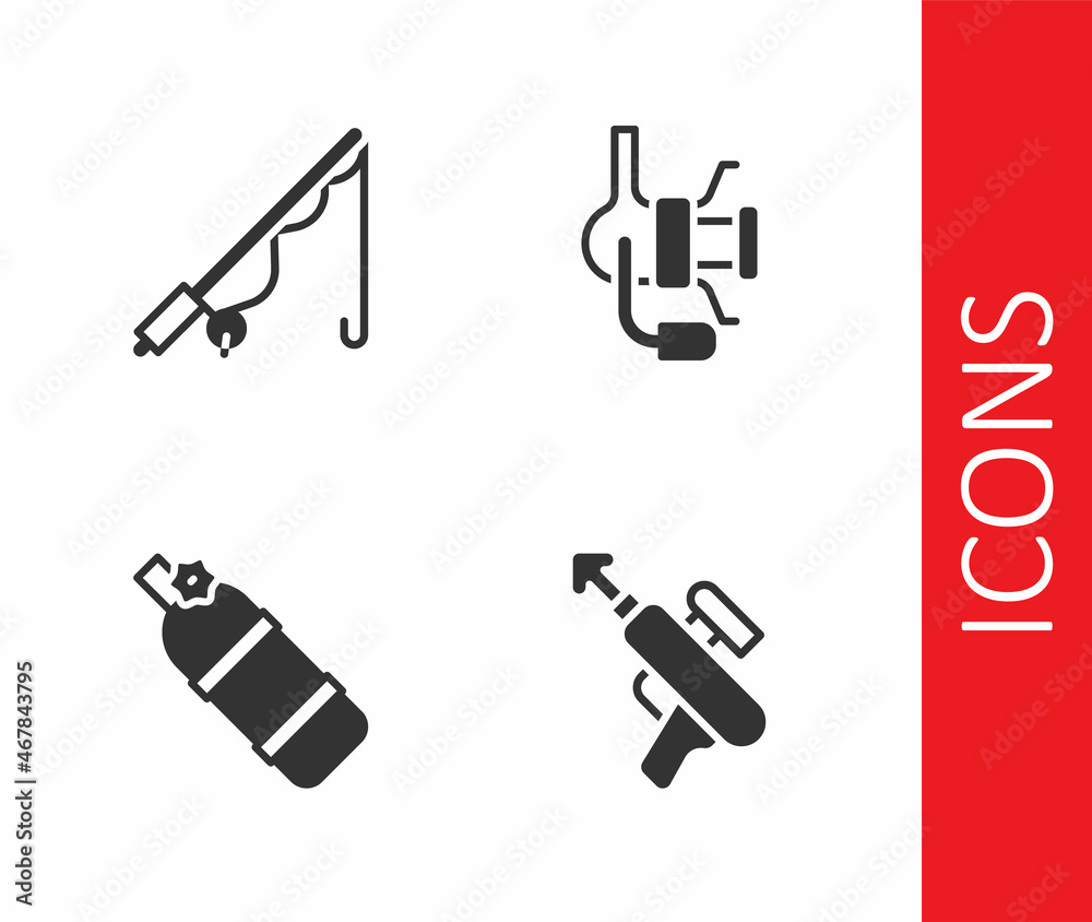 Set Fishing harpoon, rod, Aqualung and Spinning reel for fishing icon. Vector Set Fishing harpoon, rod, Aqualung and Spinning reel for fishing icon. Vector