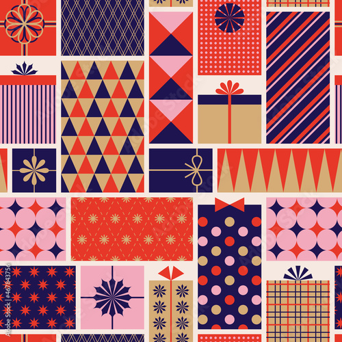 Christmas presents seamless pattern. Gift giving season illustration. Vector Christmas seamless texture for gifts wrapping paper, packaging, backgrounds.