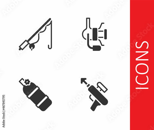 Set Fishing harpoon, rod, Aqualung and Spinning reel for fishing icon. Vector