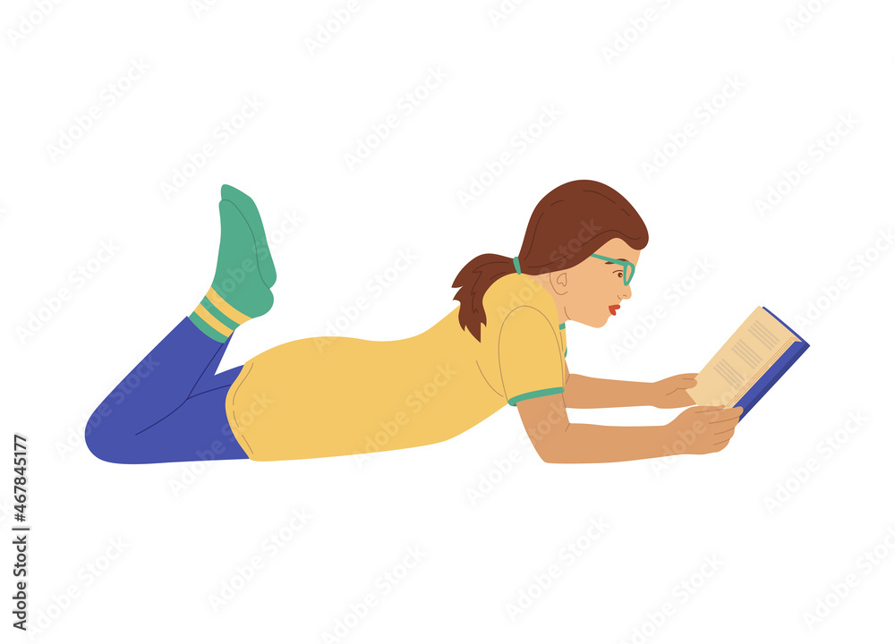 Obraz premium Child with book. Young girl lies and reads. Schoolgirl preparing for the exam. literature fan. Vector illustration