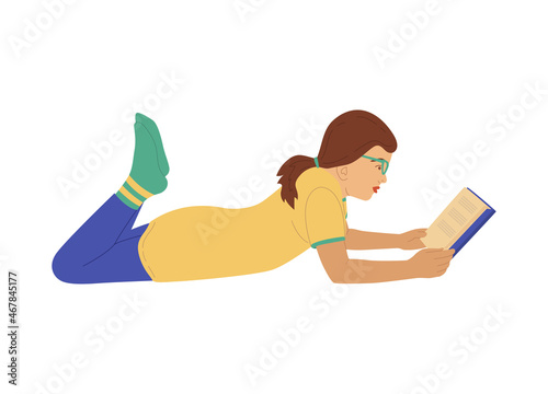 Child with book. Young girl lies and reads. Schoolgirl preparing for the exam.  literature fan. Vector illustration