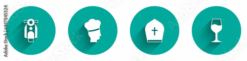 Set Scooter, Italian cook, Pope hat and Wine glass icon with long shadow. Vector