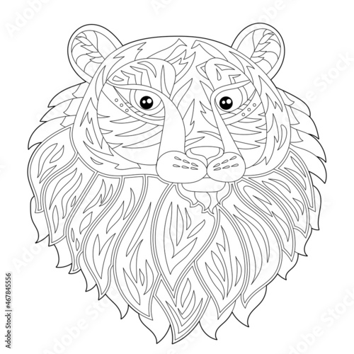 Fototapeta Naklejka Na Ścianę i Meble -  Contour linear illustration for coloring book with decorative tiger head. Beautiful  animal, anti stress picture. Line art design for adult or kids in zen-tangle style, tattoo and coloring page.