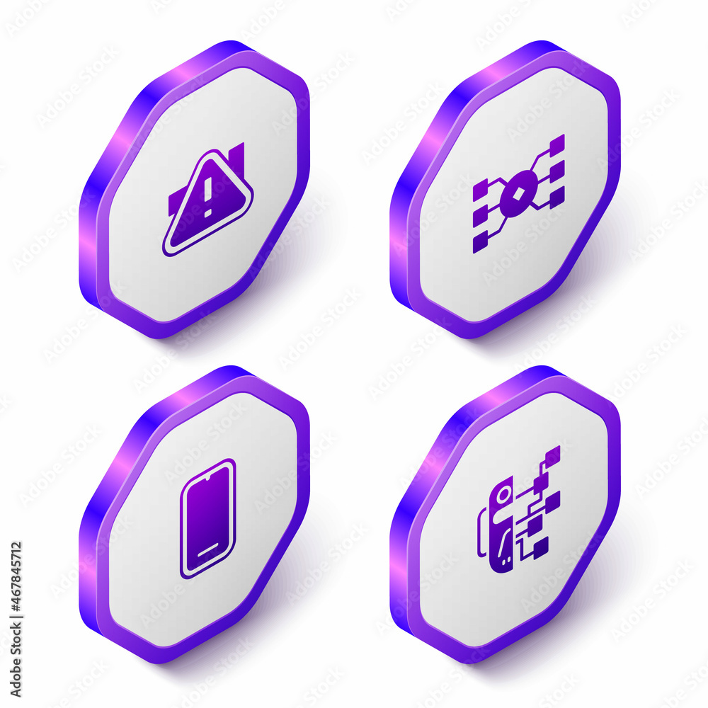 Set Isometric Exclamation mark in triangle, Neural network, Mobile phone and Humanoid robot icon. Purple hexagon button. Vector Set Isometric Exclamation mark in triangle, Neural network, Mobile phone and Humanoid robot icon. Purple hexagon button. Vector