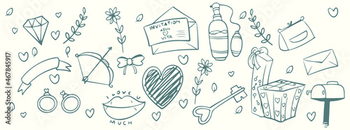 Hand drawn doodle wedding collection. Vector illustration sketchy marriage icons for wedding day, love and romantic events bride groom heart cupid engagement ring tricycle invitation