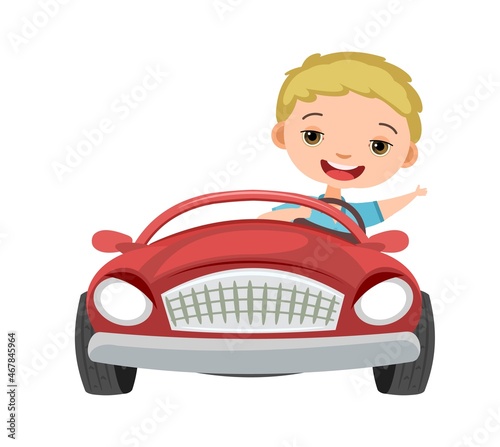 Kid drives a car. Red funny childrens automobile. Toy vehicle. With a motor. Nice passenger auto. Pedal or electric. Isolated on white background. Vector