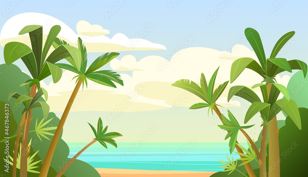 Cute tropical beach with palm trees. Sand and sea horizon. Cartoon flat style. Beautiful summer landscape. Vector.