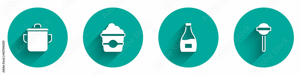 Set Cooking pot, Popcorn cardboard box, Sauce bottle and Lollipop icon with long shadow. Vector