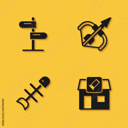 Set Road traffic sign, Hunting shop, Dead fish and Medieval bow and arrow icon with long shadow. Vector