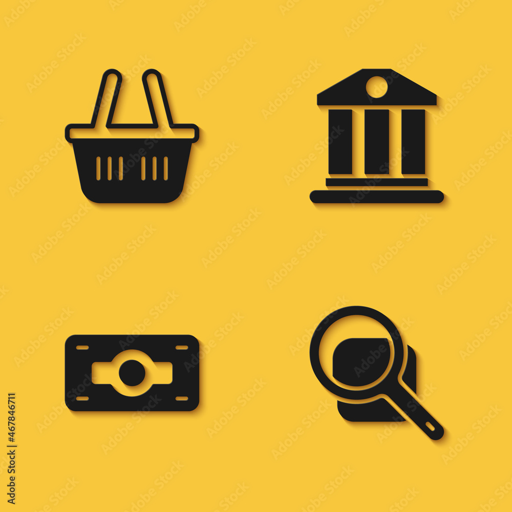Set Shopping basket, Magnifying glass, Stacks paper money cash and Bank building icon with long shadow. Vector Set Shopping basket, Magnifying glass, Stacks paper money cash and Bank building icon with long shadow. Vector