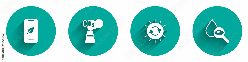 Set Mobile phone with leaf, CO2 emissions in cloud, Solar energy panel and Drop and magnifying glass icon with long shadow. Vector Set Mobile phone with leaf, CO2 emissions in cloud, Solar energy panel and Drop and magnifying glass icon with long shadow. Vector
