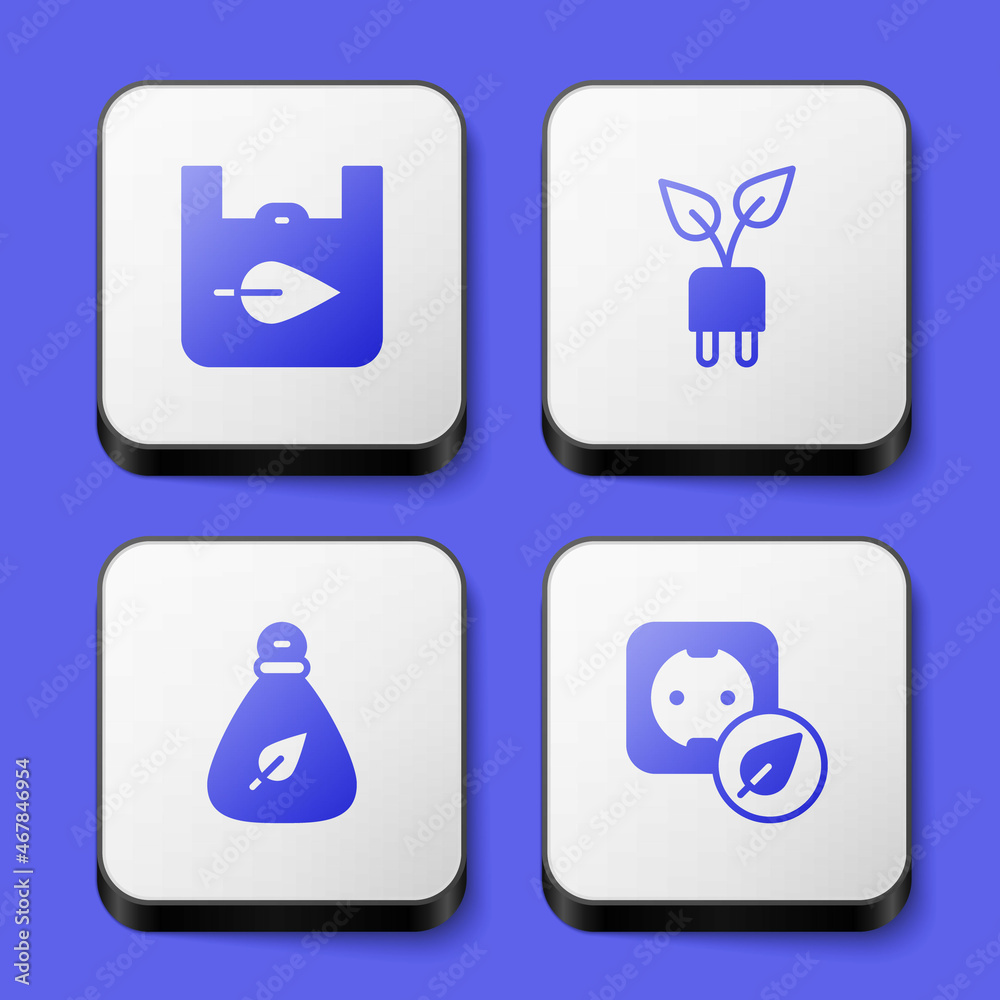 Set Shopping bag with recycle, Electric saving plug leaf, Garbage and Electrical outlet icon. White square button. Vector