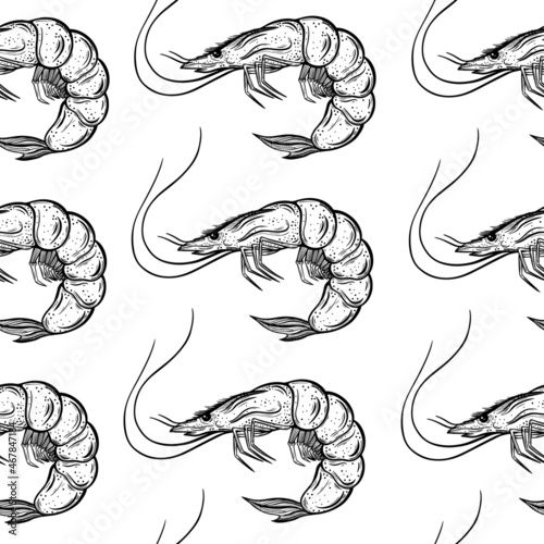 Fresh shrimps seamless vector pattern. Hand-drawn illustrations. Live marine animals outline on a white background. Prawn engraving. Seafood sketch. Monochrome crustaceans. Black and white concept.