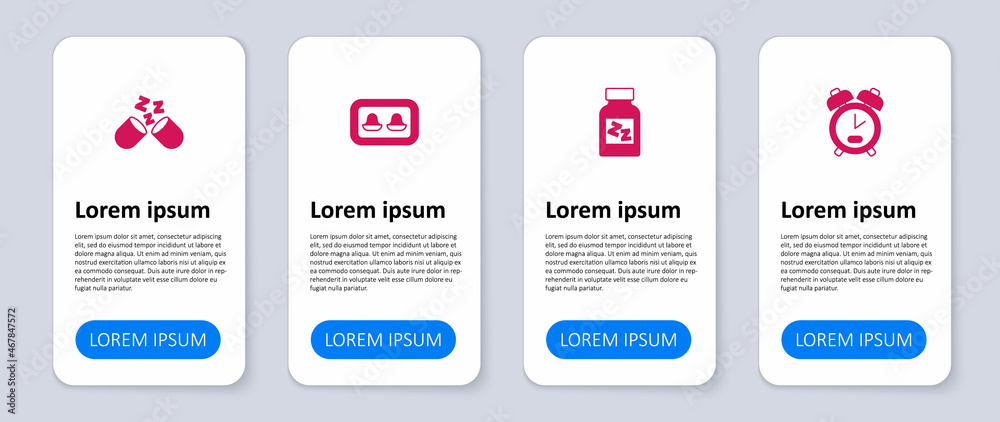 Set Alarm clock, Sleeping pill, Earplugs with storage box and . Business infographic template. Vector Set Alarm clock, Sleeping pill, Earplugs with storage box and . Business infographic template. Vector