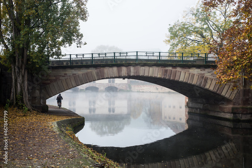 view of stoned bridge and autumnal trees in border the Il river at the little france quarter in Strasbourg