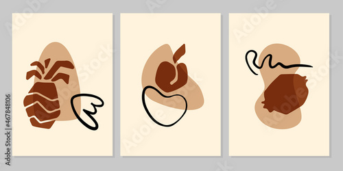 Hand drawn abstract modern minimal set of fruit pineapple, peach, pomegranate with shapes, stroke on beige background. Vector flat illustration. Design for poster, card, wallpaper, print, cover