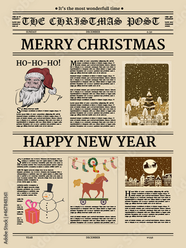 Christmas newspaper poster, old paper retro style. Greering Merrry Christmas and Happy new Year. Vector illustration decoration design